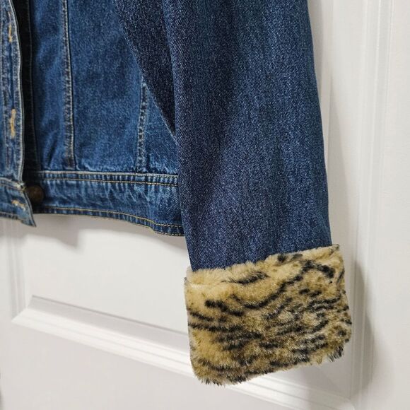 Faux Leopard Ikon Clothing Jean Jacket Women's Small Fur Collar Cuffs Buttons - Picture 4 of 10
